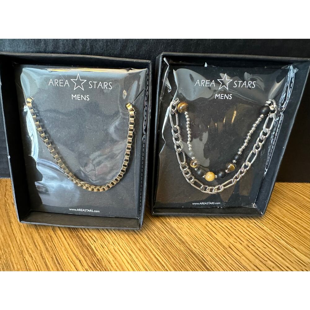 Area Stars Men’s Necklace Lot Box Sets Y2K Gold Box Chain, Silver Chain & Beads